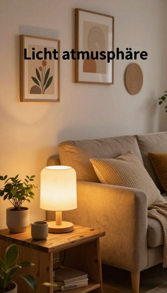A cozy, inviting living room scene showcasing warm, atmospheric lighting to illustrate "Licht atmosphäre". In the foreground, a beautifully crafted handmade lamp with a soft glow sits atop a rustic wooden side table adorned with plants and simple DIY décor items, embodying sustainability. The middle of the room features a comfortable sofa with textured cushions, bathed in warm light that highlights the vibrant colors. The background reveals softly lit walls displaying artistic wall decor, creating an inspirational Pinterest-worthy aesthetic. The overall mood is serene and welcoming, emphasizing the transformative power of light in home design. The space represents the brand "KlickKiste", merging creativity with a natural, inviting ambiance. The lighting is soft and diffuse, resembling late afternoon sunlight, captured from a slight angle to create a sense of depth.