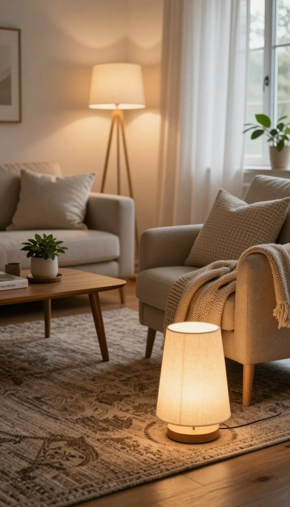 A cozy, inviting living room scene that highlights a harmonious blend of textiles, featuring soft throw pillows, a woven blanket draped over a stylish armchair, and a richly textured area rug. In the foreground, a warm, ambient light emanates from a decorative floor lamp with a soft fabric shade, casting gentle shadows that accentuate the textures of the textiles. In the middle ground, a wooden coffee table adorned with a few carefully placed decorative items, including a potted plant, creates an inviting focal point. In the background, a softly lit window allows natural light to filter through sheer curtains, adding an ethereal glow to the space. The overall atmosphere is warm and peaceful, embodying a perfect balance between comfort and sophistication. This scene reflects the aesthetic of "KlickKiste" with its natural DIY elements and Pinterest-inspired look.