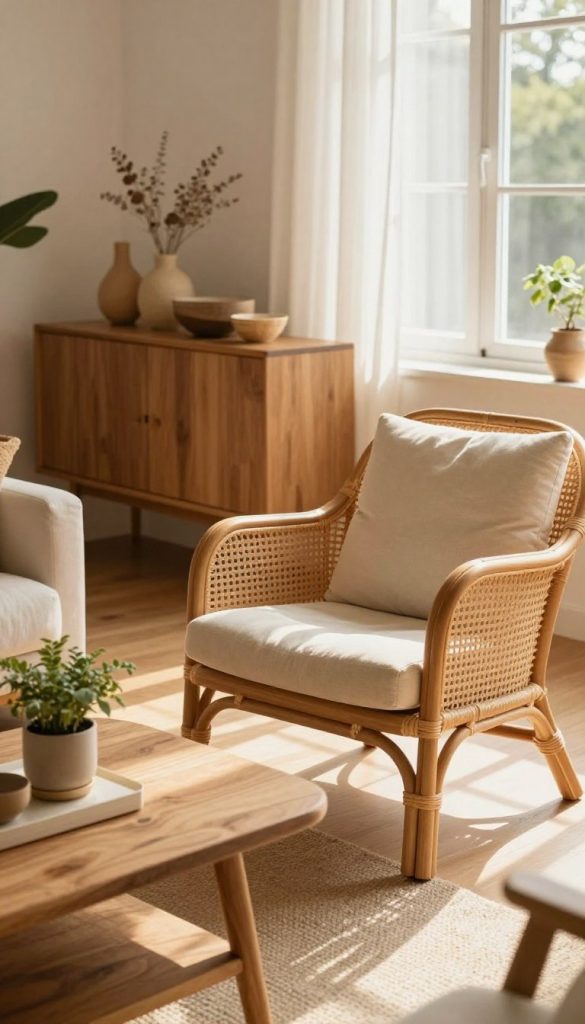 A cozy, inviting living space featuring beautifully crafted wooden and rattan furniture that embodies natural materials. In the foreground, a stylish rattan armchair with soft cushions sits beside a handmade wooden coffee table adorned with a small potted plant. In the middle ground, a warm-toned wooden sideboard displays decorative items made from natural materials. The background reveals a softly lit room with large windows allowing sunlight to filter through sheer curtains, casting gentle shadows. The atmosphere is tranquil and inviting, enhanced by warm colors that resonate with a Pinterest-inspired aesthetic. The image represents "KlickKiste" as a brand that celebrates sustainability and timeless design. The composition captures a sense of comfort and creativity ideal for home decor ideas.