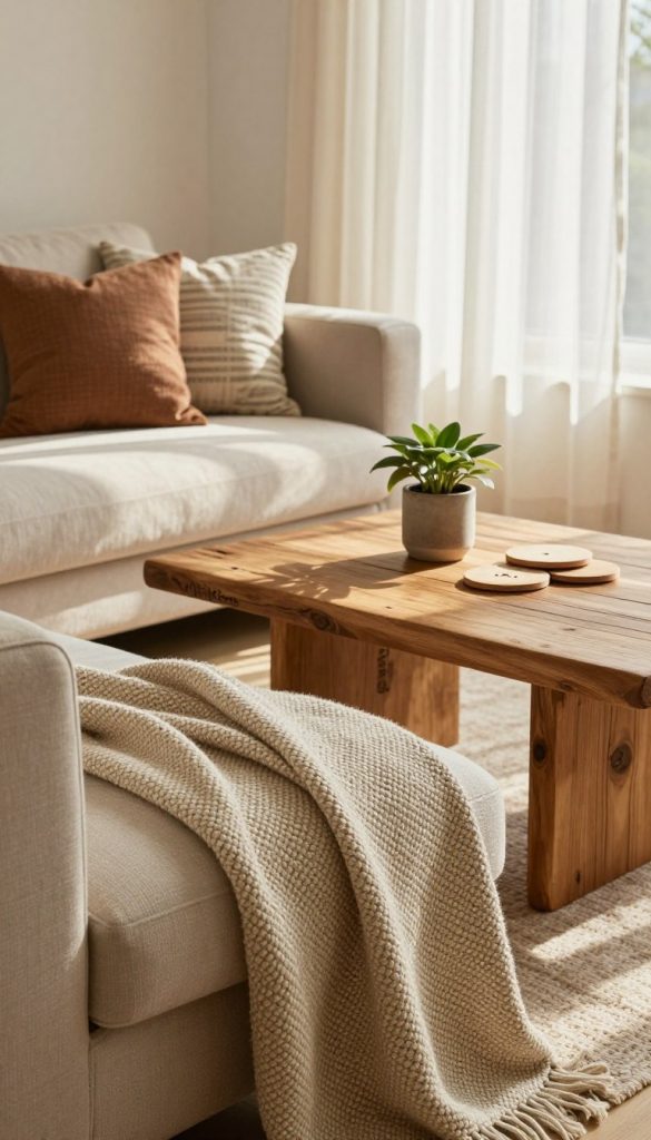 A cozy, inviting living space showcasing a blend of natural textiles and surfaces, emphasizing the haptic qualities that enhance the room's ambience. In the foreground, a beautifully textured woven throw drapes over a soft, neutral-colored sofa, with cushions featuring earthy tones and subtle patterns. In the middle ground, a rustic wooden coffee table displays a small potted plant and handmade coasters, adding warmth and authenticity. The background features gentle sunlight filtering through sheer natural fabric curtains, casting soft shadows and creating a serene atmosphere. The overall mood is calm and uplifting, reflecting sustainable decor trends. Capture this scene in a photorealistic style with warm color tones, reminiscent of a Pinterest aesthetic. Incorporate the brand name "KlickKiste" subtly in the decor elements.