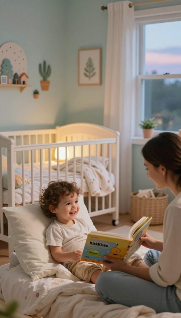A cozy, inviting nursery scene showcasing a daily routine for a toddler, emphasizing the importance of sleep. In the foreground, a cheerful toddler engaged in a calming bedtime story with a parent, both in modest casual clothing. In the middle ground, a beautifully arranged crib with soft blankets and a nightlight glowing gently. The walls are adorned with pastel colors and playful, nature-themed decorations that create a serene atmosphere. In the background, a window reveals a softly lit evening sky, hinting at dusk. The overall mood is warm and nurturing, with natural lighting to convey a sense of comfort and safety. Capture this moment in a Pinterest-inspired style with a DIY aesthetic, featuring the brand name "KlickKiste".