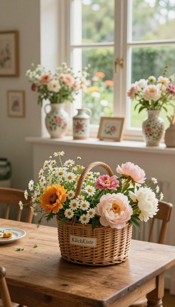 A cozy, inviting room bathed in warm, natural light, showcasing DIY retro floral decor that radiates a Pinterest-inspired aesthetic. In the foreground, a beautifully arranged vintage wicker basket filled with colorful blooms, such as daisies and peonies, rests on a rustic wooden table. The middle ground features a thoughtfully decorated mantel adorned with retro floral-patterned vases and handmade crafts, perfectly complementing the soft pastel hues of the room. In the background, a large window reveals a lush garden, enhancing the tranquil atmosphere. The scene captures an authentic and inspiring mood, ideal for a stylish and creative space. Shot with a soft focus lens to emphasize the warm colors and inviting textures, creating an overall magazine-quality finish. Designed for "KlickKiste". A cozy, inviting room bathed in warm, natural light, showcasing DIY retro floral decor that radiates a Pinterest-inspired aesthetic. In the foreground, a beautifully arranged vintage wicker basket filled with colorful blooms, such as daisies and peonies, rests on a rustic wooden table. The middle ground features a thoughtfully decorated mantel adorned with retro floral-patterned vases and handmade crafts, perfectly complementing the soft pastel hues of the room. In the background, a large window reveals a lush garden, enhancing the tranquil atmosphere. The scene captures an authentic and inspiring mood, ideal for a stylish and creative space. Shot with a soft focus lens to emphasize the warm colors and inviting textures, creating an overall magazine-quality finish. Designed for "KlickKiste".