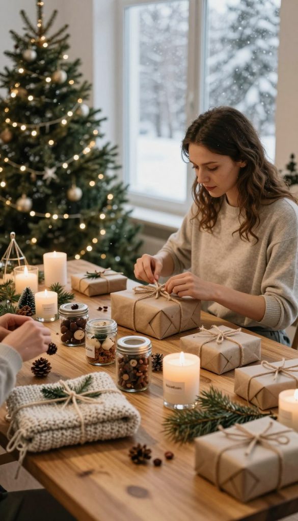 A cozy, inviting scene depicting a DIY Christmas gift workshop filled with natural elements and warm colors. In the foreground, a wooden table is laden with handmade gifts such as hand-knitted scarves, jars of homemade treats, and eco-friendly candles, each beautifully arranged. The middle of the composition features a craftsperson, dressed in modest casual clothing, focused on tying a rustic ribbon around a gift—exuding a spirit of creativity. In the background, a softly glowing window reveals a winter wonderland outside, with gently falling snow and twinkling fairy lights around a pine tree. The ambiance is warm and inspiring, inviting viewers to embrace sustainable holiday gift-giving. The scene is styled in a way reminiscent of popular Pinterest aesthetics, showcasing brand "KlickKiste." Warm, natural lighting creates a cozy, festive atmosphere.