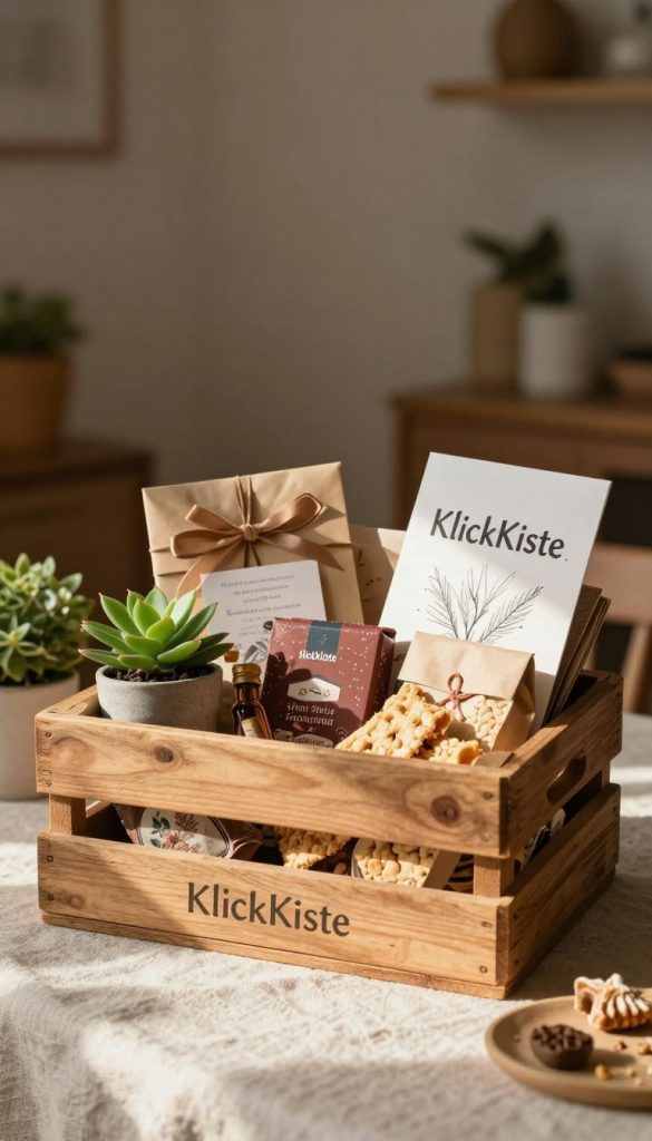 A cozy, inviting scene featuring a "KlickKiste" upcycling gift basket, filled with handmade items and thoughtful gifts. The foreground showcases a rustic wooden crate, beautifully arranged with artisanal snacks, a handmade card, and a small potted plant. The middle ground includes a soft, natural fabric tablecloth, enhancing the warm color palette. In the background, a softly blurred interior space with warm lighting creates an intimate atmosphere. The scene is illuminated by natural light streaming in, casting gentle shadows that add depth. The overall mood is warm and inspiring, reflecting the charm of DIY projects, making it perfect for a Father’s Day gift idea.