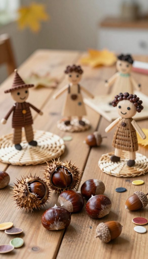A cozy, inviting scene featuring chestnuts, acorns, and various seeds artfully arranged as playful figures and woven crafts on a rustic wooden table. In the foreground, a cluster of shiny chestnuts, some resting on their spiky husks, alongside smooth acorns and colorful seeds, hints at children's creativity. The middle ground showcases simple, handmade crafts embodying children's art projects, perhaps a small woven mat and a few whimsical figures crafted from natural materials. The background softly blurs with hints of autumn leaves and a gentle natural light filtering through, creating a warm and inspiring atmosphere reminiscent of a Pinterest aesthetic. This image reflects an authentic DIY spirit, ideal for "KlickKiste."