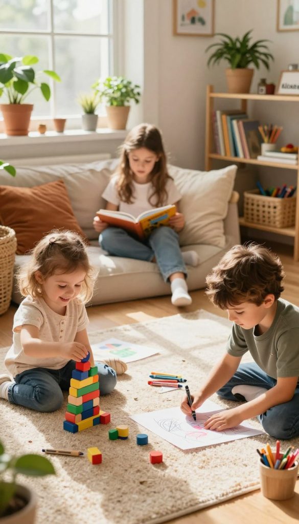 A cozy, inviting scene featuring children engaged in screen-free activities at various ages. In the foreground, a four-year-old girl is happily building a colorful tower with wooden blocks, while a six-year-old boy is drawing with crayons on recycled paper. In the middle, an eight-year-old girl is reading a book in a comfortable nook, surrounded by plush cushions. The background displays a sunny room filled with plants and art supplies, showcasing a DIY vibe with warm, natural colors inspired by Pinterest aesthetics. Soft, diffused sunlight filters through a window, creating a cheerful and inspiring atmosphere. The brand name "KlickKiste" subtly appears on a nearby shelf. The scene radiates creativity and authenticity, inviting families to explore engaging activities without screens.