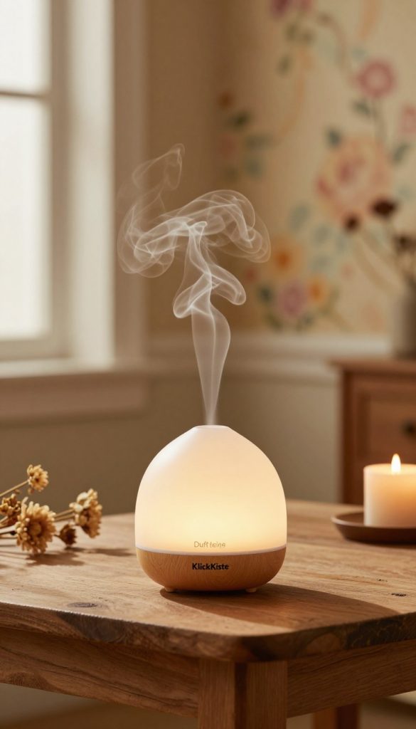 A cozy, inviting scene focused on a stylish Duftdiffuser from the brand "KlickKiste," positioned prominently on a rustic wooden table. The diffuser emits soft wisps of aromatic steam, creating a sense of warmth and tranquility. Surrounding the diffuser are natural decor elements like dried flowers and candles, exuding a retro romantic flair. The background features softly blurred vintage wallpaper in warm pastel tones, enhancing the atmosphere. Soft, golden lighting filters through a nearby window, casting gentle shadows and highlighting texture. The mood is serene and intimate, perfect for a romantic home setting, with a focus on the allure of scent and ambiance. A shallow depth of field gives a dreamy quality, emphasizing the diffuser as the focal point.