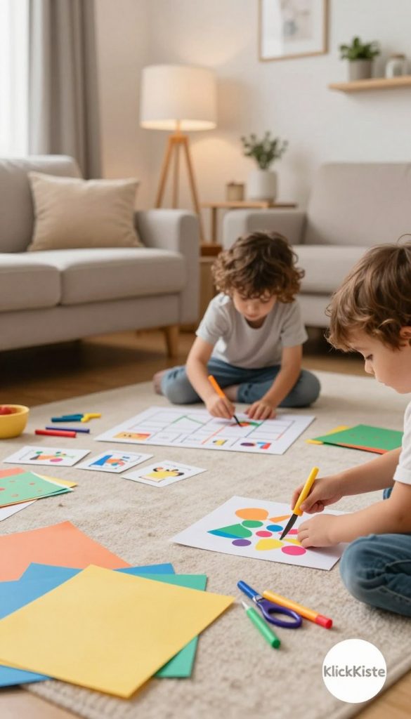 A cozy, inviting scene in a bright, well-lit living room setting, showcasing children engaged in learning games with paper, scissors, and colored markers. In the foreground, a child is focused on crafting a colorful paper project, surrounded by scattered supplies like sheets of construction paper and craft scissors. In the middle ground, another child is creating a simple game layout on the floor with handmade cards. The background features a warm, homely atmosphere with soft lighting and inspirational decor that evokes a sense of creativity. The overall mood is cheerful and nurturing, capturing the essence of fun learning at home. Incorporate elements of natural DIY creativity, using warm colors for an authentic, Pinterest-inspired look. Include the logo "KlickKiste" subtly in the corner of the image. A cozy, inviting scene in a bright, well-lit living room setting, showcasing children engaged in learning games with paper, scissors, and colored markers. In the foreground, a child is focused on crafting a colorful paper project, surrounded by scattered supplies like sheets of construction paper and craft scissors. In the middle ground, another child is creating a simple game layout on the floor with handmade cards. The background features a warm, homely atmosphere with soft lighting and inspirational decor that evokes a sense of creativity. The overall mood is cheerful and nurturing, capturing the essence of fun learning at home. Incorporate elements of natural DIY creativity, using warm colors for an authentic, Pinterest-inspired look. Include the logo "KlickKiste" subtly in the corner of the image.