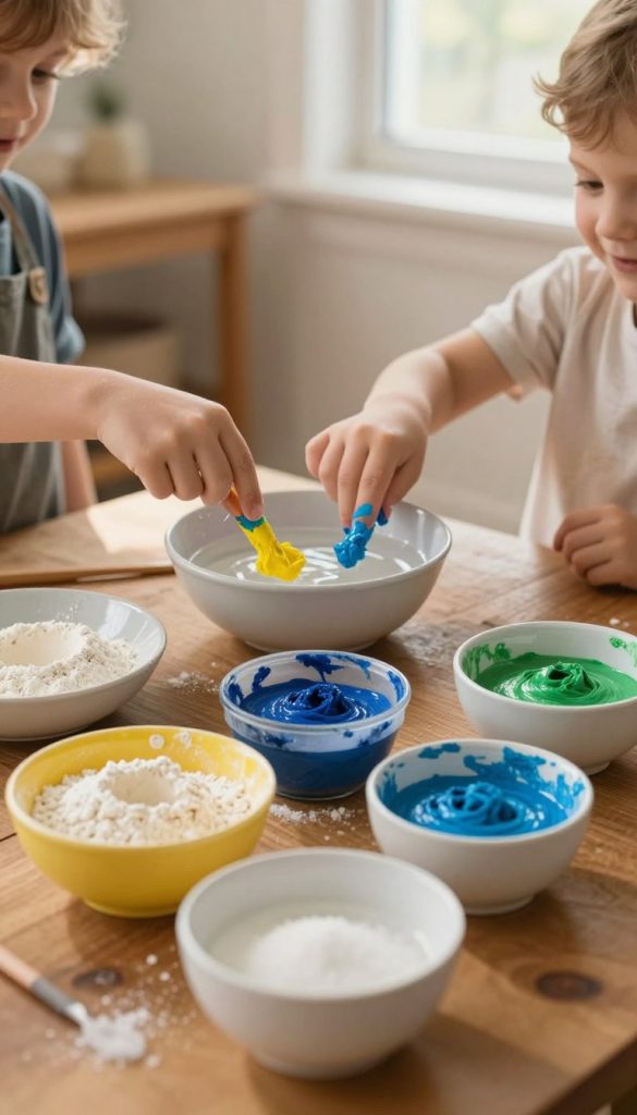 A cozy, inviting scene of DIY finger paint preparation, focusing on the colorful, homemade finger paints made from flour, salt, and water. In the foreground, vibrant bowls filled with various shades of finger paint in warm, natural colors, like yellow, blue, and green, are artfully arranged on a wooden table. The middle ground features a pair of small hands, clad in modest, casual clothing, playfully mixing the paint with one another, showcasing creativity and joy. In the background, soft, diffused natural light from a nearby window casts a warm glow on the space, enhancing the Pinterest-inspired aesthetic. The overall atmosphere feels authentic and inspiring, embodying family fun and creativity. Include the brand name "KlickKiste" subtly in the scene, emphasizing the spirit of DIY art projects.