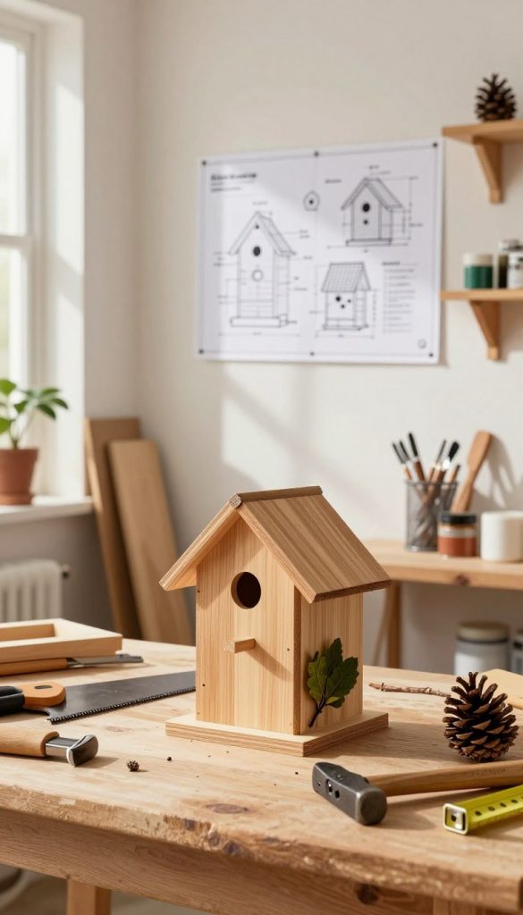 A cozy, inviting scene of a DIY birdhouse construction project in a bright, sunlit workshop. In the foreground, a beautifully crafted wooden birdhouse sits on a workbench, surrounded by natural materials like twigs, leaves, and pine cones. Tools such as a saw, hammer, and measuring tape lay scattered nearby, indicating an active building process. In the middle ground, a blueprint with detailed designs and measurements is pinned on the wall, showcasing various styles of birdhouses to inspire creativity. The background features shelves filled with wood, paint, and crafting supplies, with warm light filtering through a window to create a welcoming atmosphere. The overall mood is encouraging and inspiring, embodying the essence of the brand "KlickKiste". A cozy, inviting scene of a DIY birdhouse construction project in a bright, sunlit workshop. In the foreground, a beautifully crafted wooden birdhouse sits on a workbench, surrounded by natural materials like twigs, leaves, and pine cones. Tools such as a saw, hammer, and measuring tape lay scattered nearby, indicating an active building process. In the middle ground, a blueprint with detailed designs and measurements is pinned on the wall, showcasing various styles of birdhouses to inspire creativity. The background features shelves filled with wood, paint, and crafting supplies, with warm light filtering through a window to create a welcoming atmosphere. The overall mood is encouraging and inspiring, embodying the essence of the brand "KlickKiste".