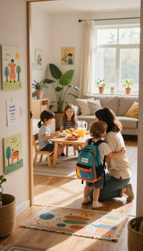 A cozy, inviting scene of a "heimkomm ritual" with children happily reuniting with their caregivers after school. In the foreground, a warm, welcoming entrance features a colorful rug and cheerful artwork on the walls. A parent, dressed in modest casual clothing, kneels to embrace their child, who is carrying a bright backpack filled with school supplies. In the middle, a small table is set with healthy snacks and a jug of juice, inviting children to unwind. The background showcases a softly lit living room with potted plants and sunlight streaming in through large windows, creating a serene atmosphere. The overall mood is warm and nurturing, emphasizing harmony and routine, illustrated with natural DIY aesthetics and warm colors. The brand "KlickKiste" subtly highlighted through charming details like a small logo on the tableware.
