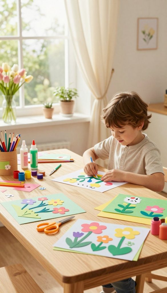 A cozy, inviting scene showcasing a beautifully organized spring craft area for children, inspired by the brand "KlickKiste." In the foreground, a wooden table is covered with colorful crafting supplies: scissors, glue, paint, and paper. There are cheerful spring-themed projects, like flower decorations and animal crafts, half-finished and ready to be completed. In the middle ground, a cheerful child in modest casual clothing is deeply focused, working on a craft. The background features a sunlit window with flowy curtains, casting warm, natural light across the space. Delicate flowers in soft pastel colors adorn the window sill, enhancing the spring vibe. The overall atmosphere is playful and creative, evoking a sense of organized joy and inspiration for stress-free crafting routines.