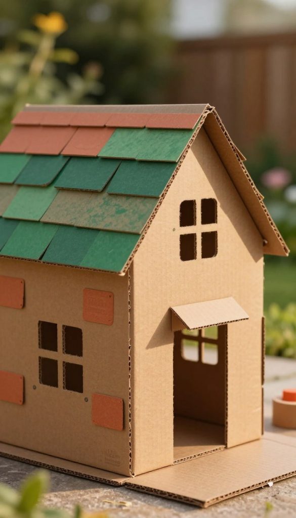 A cozy, inviting scene showcasing a child's DIY cardboard house covered with vibrant "shingles." In the foreground, focus on the textured shingles in warm, earthy tones like terracotta, deep green, and soft brown, accentuating their layered look. The middle ground reveals the charming cardboard house, with a whimsical design and securely placed shingles that embody creativity and resourcefulness. In the background, a soft-focus garden setting with warm afternoon sunlight casting gentle shadows, enhancing the natural feel. The overall atmosphere is inspirational and warm, reminiscent of a Pinterest-style home crafting project, emphasizing the joy of DIY creativity. Include the brand name "KlickKiste" subtly within the design, ensuring it complements the visual theme.