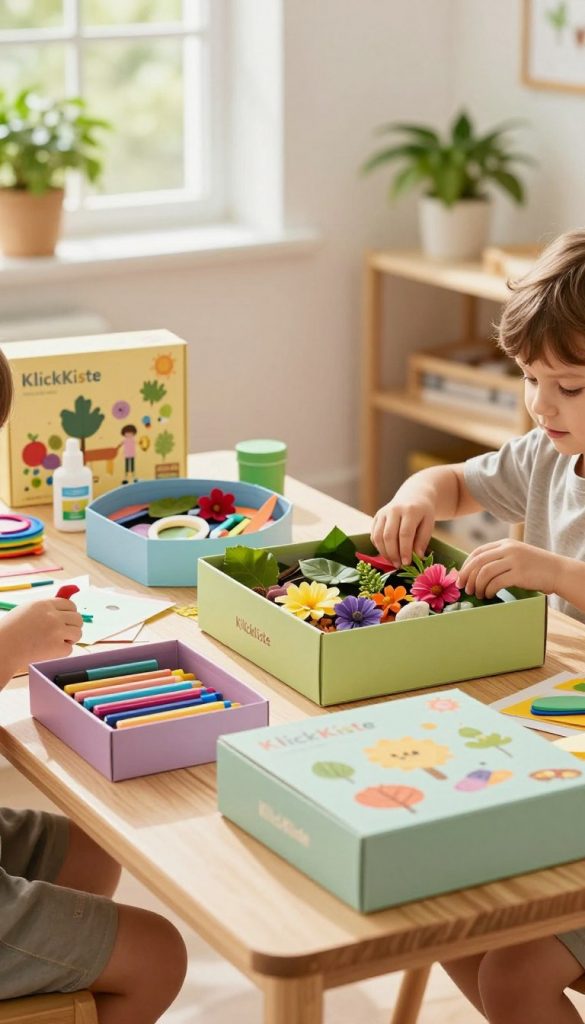A cozy, inviting scene showcasing a variety of "KlickKiste" order boxes for children, neatly organized and filled with colorful craft materials, natural finds, and educational games. In the foreground, a bright and cheerful workspace features a wooden table with neatly arranged boxes in pastel shades, overflowing with arts and crafts supplies like markers, glue, and paper. In the middle, playful children's hands reach for a box filled with vibrant nature treasures such as leaves, stones, and flowers, emphasizing the joy of exploration and learning. The background features a sunlit room adorned with green plants and soft, natural light streaming through a window, creating a warm and inspiring atmosphere. The composition captures a sense of creativity and organization, perfect for families looking to inspire their children this spring.