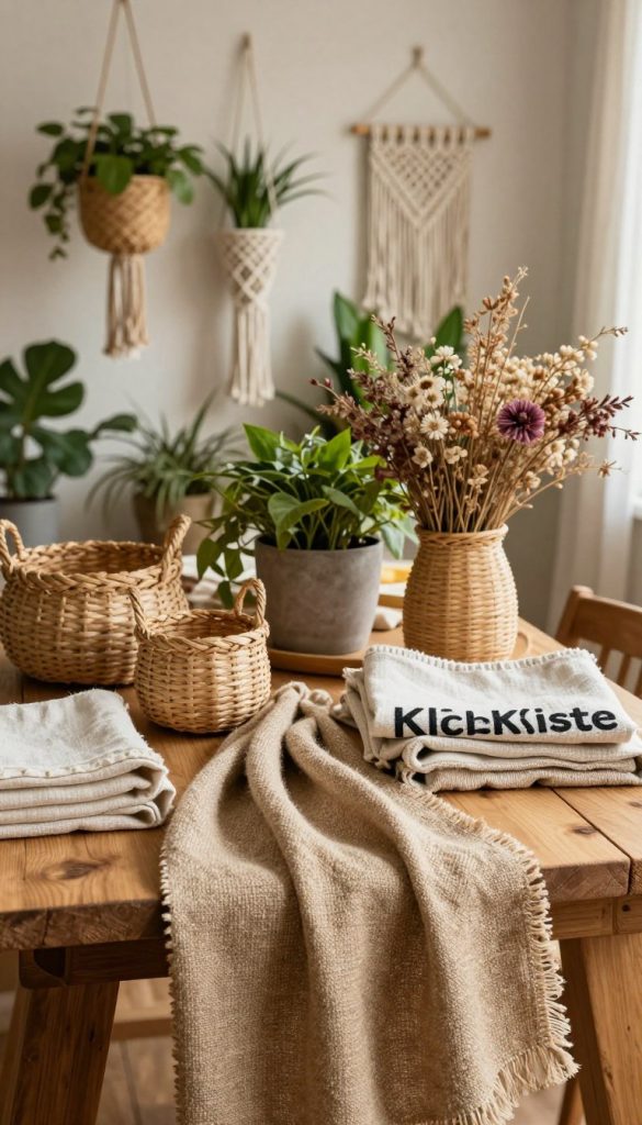 A cozy, inviting scene showcasing an array of natural materials used for decoration, arranged aesthetically on a rustic wooden table. In the foreground, a variety of textured fabrics like jute, linen, and hemp are draped elegantly next to handcrafted decor items, such as woven baskets and macramé plant hangers. In the middle, a serene backdrop featuring potted green plants and dried flowers adds vibrancy and life to the display. The background is softly blurred, suggesting a warm, sunlit room with soft shadows enhancing the natural color palette of earthy tones. The lighting is warm and inviting, capturing the essence of sustainability and creativity in home decor. The overall mood is inspiring and authentic, reflecting the DIY spirit of "KlickKiste".