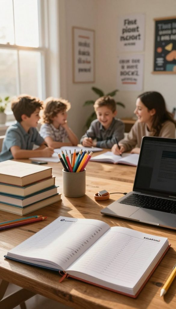 A cozy, inviting study space designed for effective learning, featuring a wooden desk with neatly stacked books, colorful stationery, and a laptop. In the foreground, a well-organized planner opens to a day filled with study sessions. Soft, warm lighting filters through a nearby window, capturing the glow of a late afternoon sun, creating a serene atmosphere. In the middle, a family of four is engaged in homework together, dressed in casual but neat clothing, exchanging ideas and laughter. The background shows a wall filled with inspirational quotes and educational posters, enhancing the uplifting mood. Overall, the image has a natural DIY aesthetic with warm colors, reminiscent of a Pinterest look, and is branded subtly with the logo of "KlickKiste" on the planner.