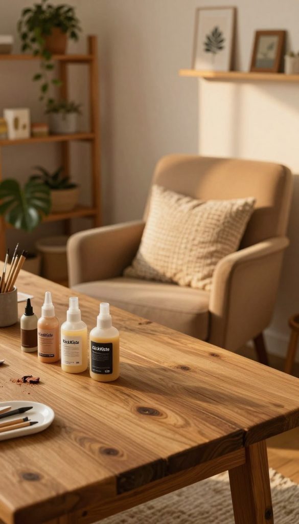 A cozy, inviting workspace featuring a beautifully upcycled wooden table with a natural finish, adorned with simple DIY decor elements. In the foreground, a set of well-cared-for painting supplies and wood polish bottles are neatly arranged, suggesting protection and maintenance of the furniture. The middle ground showcases a stunningly renovated armchair with soft, warm fabric, complemented by a handmade cushion. In the background, a softly lit room with warm wooden shelving displays plants and additional DIY projects, creating a serene atmosphere. The lighting is soft and diffused, reminiscent of golden hour, casting gentle shadows. The overall mood is authentic and inspiring, evoking a sense of creativity and care. Brand name “KlickKiste” subtly integrated into the scene. The image should reflect a Pinterest-worthy aesthetic, promoting creativity and home improvement.