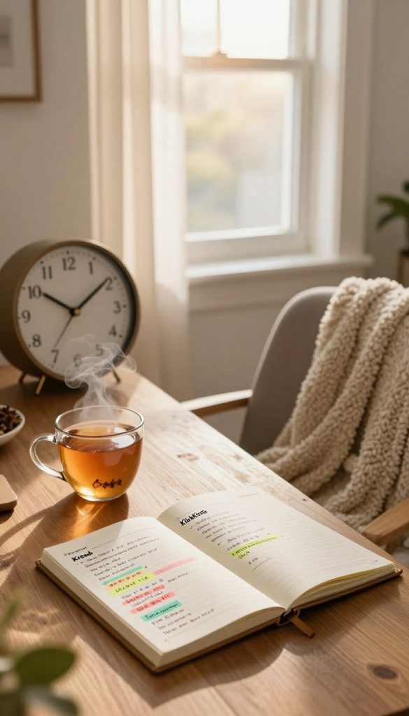 A cozy, inviting workspace featuring a wooden desk adorned with a stylish clock showing the passing minutes of a focused break. In the foreground, a steaming cup of herbal tea rests beside a minimalistic planner filled with colorful handwritten notes about time management. The middle ground includes a soft, comfortable chair with a plush throw blanket draped over it, suggesting a moment of relaxation. In the background, a sunlit window framed by sheer curtains lets in warm, golden light, creating a serene atmosphere. The overall mood is calm and inspirational, reflecting a balance between work and rest. The image embodies a natural DIY aesthetic with Pinterest-worthy appeal. Include subtle branding elements for "KlickKiste" integrated into the planner design.