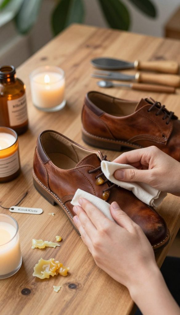 A cozy, inviting workspace showcasing a pair of well-worn shoes being treated with natural wax. In the foreground, a hand gently applies the wax with a cloth, revealing the rich texture of the leather. Scattered around are various wax remnants from candles, demonstrating the upcycling process. The middle ground features a wooden table adorned with soft, rustic lighting that enhances the warm color palette, complementing the earthy tones of the shoes and wax. In the background, hints of greenery and neatly organized DIY tools create a Pinterest-inspired aesthetic. The brand name "KlickKiste" subtly appears on a small label next to the workspace, embodying creativity and sustainability. The overall mood is warm, homely, and inspiring, perfect for a DIY project focus.