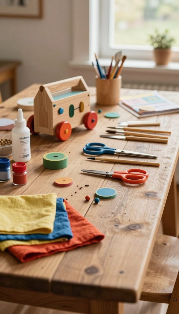 A cozy, inviting workspace showcasing a variety of upcycled children’s toys creatively arranged on a rustic wooden table. In the foreground, vibrant materials like colorful fabrics, paints, and natural supplies are displayed, radiating warmth and creativity. The middle section features a hand-painted wooden toy, symbolizing craftsmanship, with tools like scissors, glue, and brushes neatly organized, exuding an atmosphere of inspiration. In the background, soft natural light streams through a window, casting gentle shadows and highlighting the earthy tones of the space. The overall mood should evoke a sense of playfulness and resourcefulness, perfect for a DIY setting. The brand “KlickKiste” is incorporated subtly into the design, enhancing the inviting atmosphere while maintaining focus on the materials and colors.