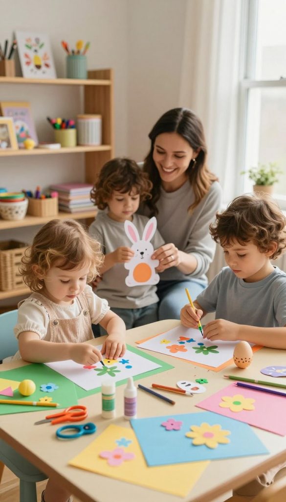 A cozy, inviting workspace showcasing various age-appropriate DIY Easter crafts for children. In the foreground, a colorful table scattered with craft materials like paper, glue, scissors, and Easter-themed decorations. A toddler, dressed in a modest outfit, is happily gluing paper flowers, while a slightly older child carefully paints a wooden Easter egg. In the middle ground, a cheerful parent guiding a child in creating a paper bunny, fostering a nurturing atmosphere. The background features soft, natural light streaming in through a window, illuminating the space with warm, inviting tones. A shelf stocked with craft supplies and completed projects adds to the authenticity. The image embodies a Pinterest-worthy aesthetic, reflecting the brand "KlickKiste" with creativity and inspiration.