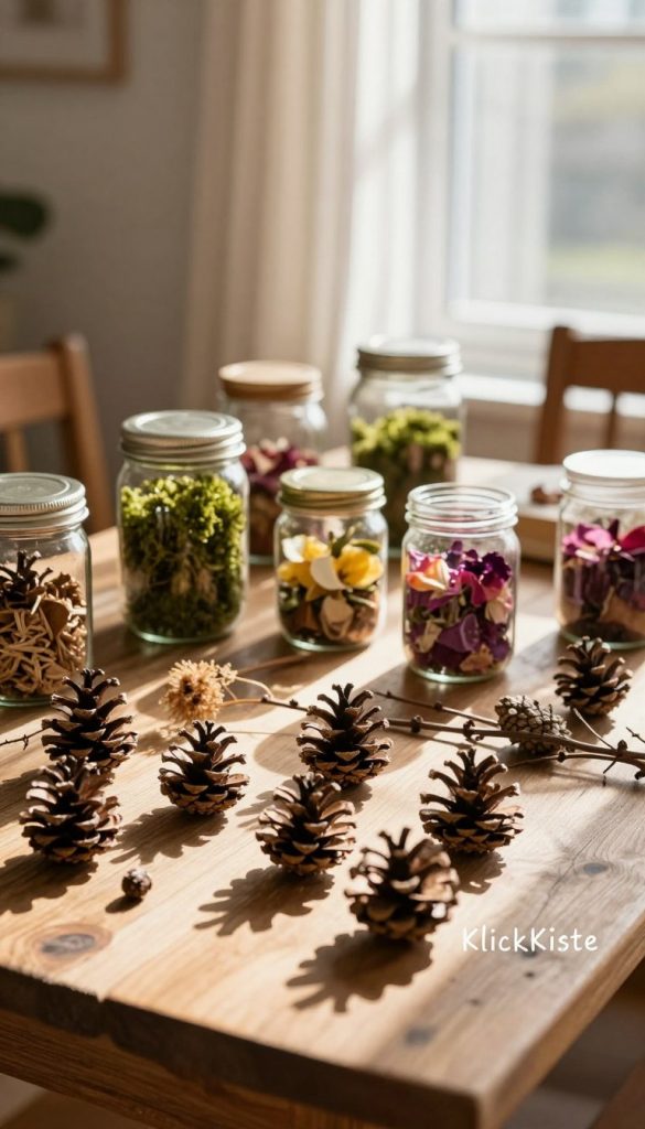 A cozy, inviting workspace showcasing various natural materials for DIY decoration. In the foreground, a rustic wooden table is scattered with cleaned and dried pinecones, twigs, and dried flowers, all bathed in warm, natural light. In the middle ground, a collection of jars filled with preserved moss and petals, with sunlight streaming through, illuminating their vibrant colors. In the background, a soft-focus view of a window with sheer curtains, allowing gentle rays of sunlight to filter through, enhancing the serene atmosphere. The overall mood is warm and inspiring, embodying a Pinterest aesthetic, perfect for a DIY project. Title the image "KlickKiste" subtly in the corner.