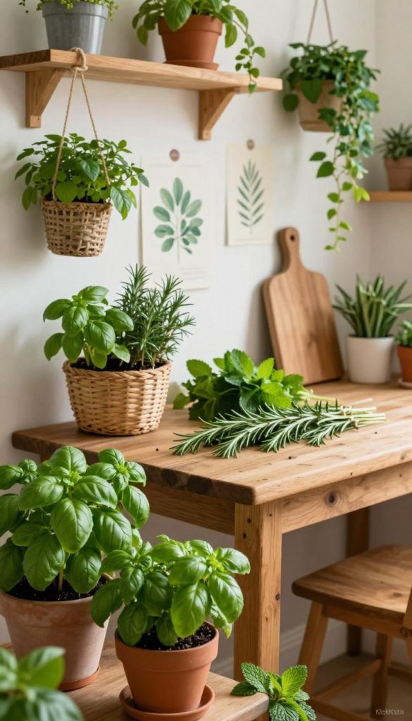 A cozy kitchen adorned with a vibrant array of green plants and herbs, elegantly arranged on wooden shelves and hanging planters. The foreground features pots of basil, mint, and rosemary, their leaves glistening in soft natural light. In the middle ground, a rustic wooden table showcases a few culinary herbs, surrounded by natural elements like a woven basket and a vintage cutting board. The background highlights a stylish wall decorated with botanical prints and additional greenery, creating a lively and inviting atmosphere. The warm color palette enhances the authenticity of a Pinterest-inspired aesthetic. Capture this scene with a gentle, diffused lighting that evokes tranquility, using a slightly tilted angle to add depth. Include a subtle watermark with "KlickKiste" in the corner. A cozy kitchen adorned with a vibrant array of green plants and herbs, elegantly arranged on wooden shelves and hanging planters. The foreground features pots of basil, mint, and rosemary, their leaves glistening in soft natural light. In the middle ground, a rustic wooden table showcases a few culinary herbs, surrounded by natural elements like a woven basket and a vintage cutting board. The background highlights a stylish wall decorated with botanical prints and additional greenery, creating a lively and inviting atmosphere. The warm color palette enhances the authenticity of a Pinterest-inspired aesthetic. Capture this scene with a gentle, diffused lighting that evokes tranquility, using a slightly tilted angle to add depth. Include a subtle watermark with "KlickKiste" in the corner.