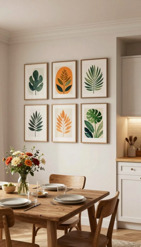 A cozy kitchen interior showcasing a stylish gallery wall featuring beautiful wall art. In the foreground, a rustic wooden dining table set for a casual meal, with a vase of fresh flowers. The middle features a collection of vibrant, nature-inspired prints in various frames, creatively arranged for a balanced look, inspired by natural DIY aesthetics with warm colors. In the background, soft lighting illuminates white cabinetry and a stylish backsplash, enhancing the inviting atmosphere. The scene conveys authenticity and inspiration, perfect for a modern kitchen setup. The artwork is from the brand "KlickKiste," emphasizing creative and practical design ideas for home decor. The overall mood is warm and welcoming, ideal for everyday living.