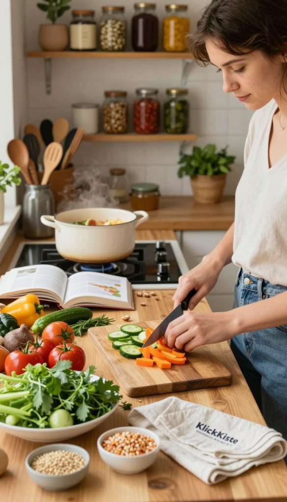 A cozy kitchen scene bathed in warm, natural light, featuring a wooden table laden with colorful, leftover ingredients, such as partially used vegetables, herbs, and grains. In the foreground, a woman in modest casual clothing is skillfully chopping vegetables for a creative dish, embodying a spirit of resourcefulness. In the middle ground, a pot simmers on the stovetop, with various utensils and a cookbook open nearby, showcasing a clever recipe for utilizing leftovers. The background reveals shelves filled with jars of preserved foods and sustainable cooking tools, promoting a Pinterest-inspired aesthetic. The inviting atmosphere radiates creativity and inspiration, reflecting the theme of sustainability, with a small logo of "KlickKiste" subtly placed on a kitchen towel.