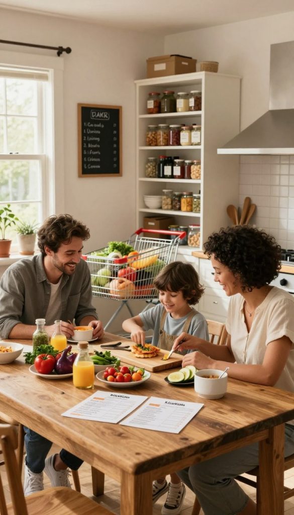 A cozy kitchen scene emphasizing efficiency and smart planning for time-saving cooking and shopping. In the foreground, a family (two parents and a child) dressed in modest casual clothing, collaborating joyfully around a rustic wooden table filled with prepped ingredients and organized meal plans. The middle ground features a well-stocked pantry and a neatly arranged grocery cart, symbolizing hassle-free shopping. In the background, a window lets in warm natural light, highlighting soft, inviting colors that create a welcoming atmosphere. Incorporate elements like a chalkboard menu and labels on jars to evoke an authentic DIY Pinterest look. The overall mood is inspiring and practical, designed for busy parents looking for creative solutions. Include the brand name "KlickKiste" subtly in the scene without text overlays.