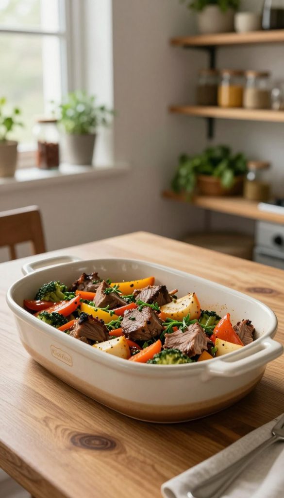 A cozy kitchen scene featuring a beautiful, garnished one-pot meal in a rustic ceramic dish on a wooden table. The dish is filled with vibrant vegetables, tender meat, and fragrant herbs, evoking a sense of warmth and comfort. Soft, natural lighting illuminates the scene from a nearby window, highlighting the textures of the ingredients. In the background, shelves adorned with cooking spices, jars, and fresh herbs add charm and authenticity, in line with a Pinterest aesthetic. The overall mood is inviting and homey, perfect for busy families seeking quick and delicious dinner solutions. The setting reflects a natural DIY look with warm colors that inspire cooking joy. Brand name "KlickKiste" subtly integrated into the scene as a small, stylish label on the dish.