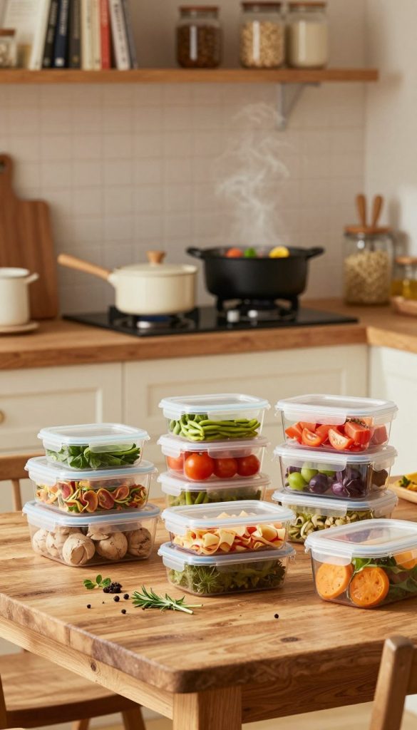 A cozy kitchen scene featuring a beautifully arranged meal prep display. In the foreground, a rustic wooden table is adorned with colorful, freshly prepared meals in clear, stackable containers, emphasizing the freshness and variety of ingredients. A few herbs and spices are scattered around for added detail. In the middle, a stylish, neatly organized kitchen space showcases pots and pans, with a steaming one-pot dish on the stove, exuding warmth and inviting aromas. The background hints at shelves filled with cooking books and decorative jars, enhancing the homey atmosphere. Soft, natural lighting illuminates the entire scene, creating a warm and inviting mood reminiscent of Pinterest aesthetics. The brand name "KlickKiste" subtly integrated into the kitchen decor, adding a touch of authenticity and inspiration.