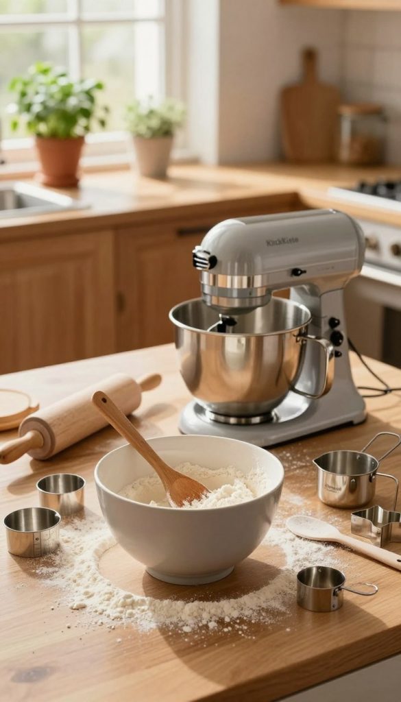 A cozy kitchen scene, featuring a beautifully arranged set of baking tools from "KlickKiste". In the foreground, a stylish mixing bowl with a wooden spoon, surrounded by measuring cups and flour scattered artistically. The middle ground displays an elegant stand mixer with a shiny stainless steel finish, alongside a vintage rolling pin and cookie cutters in various shapes. The background features a warm, sunlit kitchen with wooden cabinets and potted herbs on the windowsill. Soft, natural lighting enhances the inviting atmosphere, while the overall palette consists of warm, earthy tones. Capture the essence of simplicity and inspiration, perfect for family baking moments.
