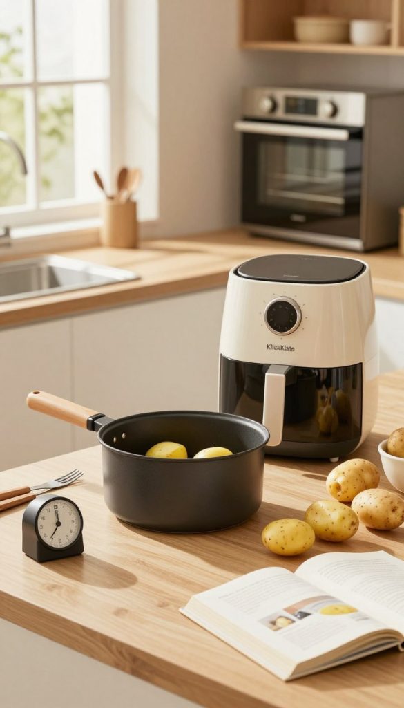 A cozy kitchen scene featuring a beautifully designed countertop with a high-quality pot, a modern airfryer, and a sleek oven in the background. Bright, natural lighting streams in through a window, casting warm tones across the surfaces. In the foreground, fresh, vibrant potatoes are ready to be cooked, surrounded by helpful kitchen tools like a timer and a cookbook opened to a recipe section. The atmosphere is inviting and inspiring, embodying a DIY aesthetic reminiscent of Pinterest. Incorporate soft focus elements in the background, ensuring the warm color palette conveys a sense of comfort and practicality. This image should capture the essence of efficient cooking times and modern culinary convenience, along with the brand name "KlickKiste" subtly integrated into the kitchen decor.