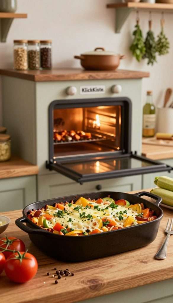 A cozy kitchen scene featuring a deliciously baked Auflauf (casserole) in a rustic oven. In the foreground, showcase a cast-iron dish filled with layers of colorful vegetables, cheese, and herbs, bubbling invitingly. The dish should be placed on a wooden kitchen counter, surrounded by fresh ingredients like tomatoes, zucchini, and spices. In the middle ground, highlight a traditional oven, slightly ajar, with warm light emanating from inside, casting a golden glow over the scene. The background includes spice jars and hanging herbs, creating an authentic and inspiring atmosphere. Utilize soft, natural lighting to enhance the warmth and inviting feel of the setting. Emphasize a Pinterest aesthetic with warm colors, reflecting the brand "KlickKiste."
