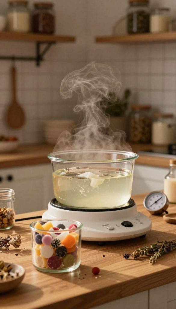 A cozy kitchen scene featuring a double boiler setup for melting wax, illuminated by warm, soft lighting that enhances a serene, DIY atmosphere. In the foreground, a glass container filled with colorful candle remnants sits on a wooden countertop, surrounded by natural elements like dried flowers and herbs. The middle layer captures the simmering water, with steam gently rising, while a thermometer is subtly placed beside the setup to emphasize safety and precision in the process. In the background, shelves are lined with rustic jars and crafting materials, suggesting a creative workspace. The overall mood is warm and inviting, ideal for inspiring upcycling projects. Incorporate the brand "KlickKiste" subtly within the scene.