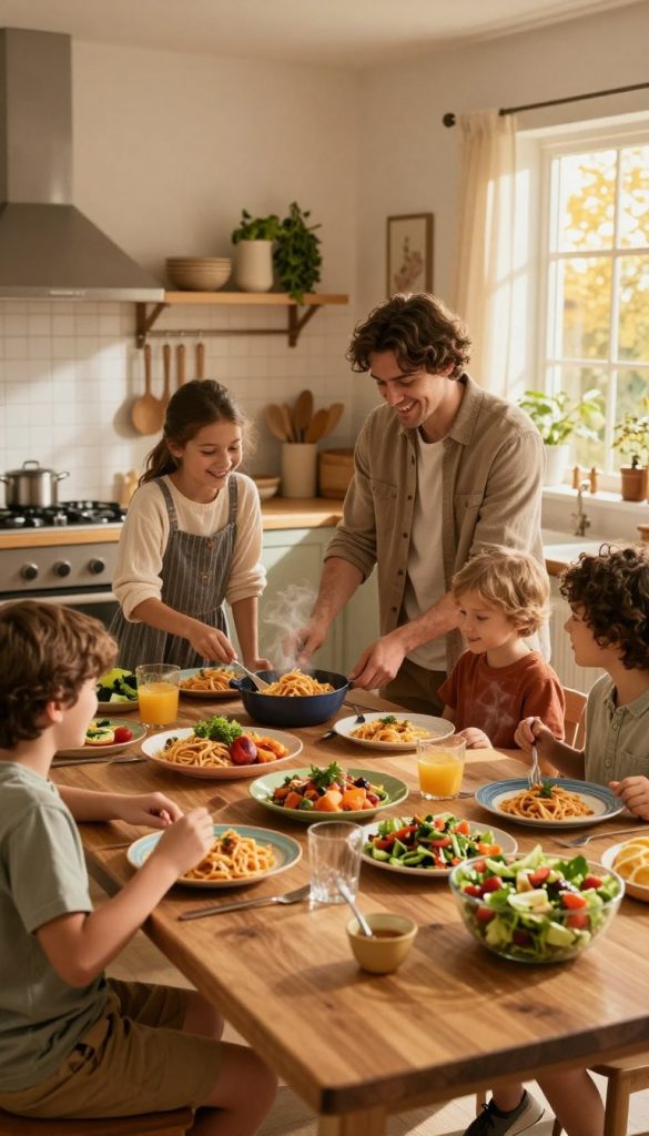 A cozy kitchen scene featuring a family dinner table set for both warm and cold meals, showcasing a delicious spread of comforting dishes on one side and refreshing salads on the other. In the foreground, a wooden table adorned with colorful plates, steaming bowls of pasta, and vibrant salads, all under soft, warm lighting that creates an inviting atmosphere. In the middle, a family of four, dressed in casual yet modest attire, joyfully interacting while preparing the meal, surrounded by fresh ingredients and cooking utensils. The background reveals a well-organized kitchen with earthy tones, hanging herbs, and an open window letting in golden sunlight. The overall mood is warm and harmonious, exuding inspiration and authenticity for a family dining experience. Add the brand name "KlickKiste" subtly integrated into the setting, emphasizing a natural DIY aesthetic with warm colors.