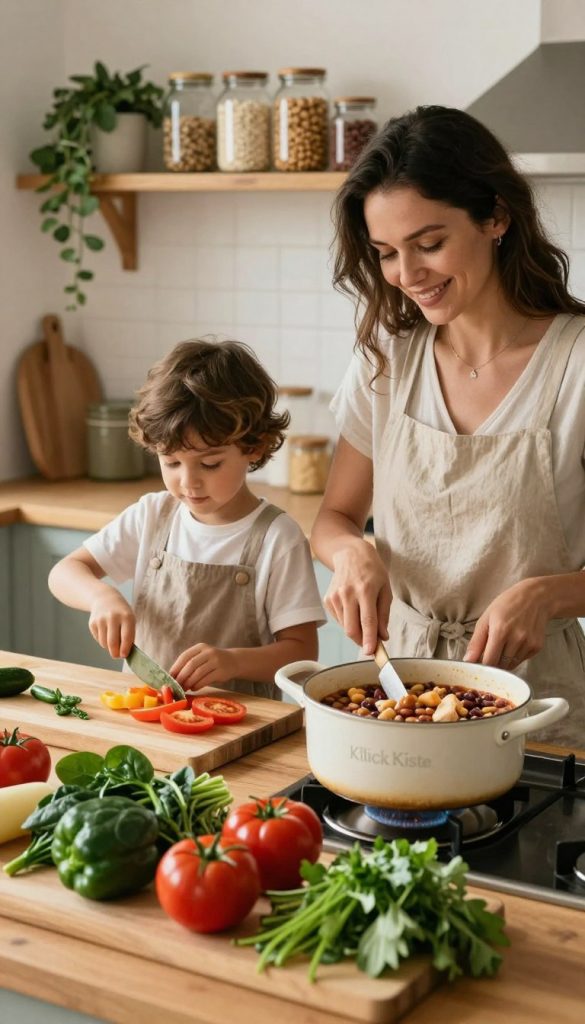 A cozy kitchen scene featuring a family preparing a high-protein meal using natural ingredients. In the foreground, a wooden cutting board is covered with fresh vegetables like spinach, bell peppers, and tomatoes alongside fresh herbs. A large pot simmers on the stove, filled with hearty beans and lean chicken pieces. In the middle ground, a mother and child, dressed in modest casual clothing, are engaged in cooking activities, like chopping and stirring, radiating warmth and togetherness. The background shows shelves filled with jars of grains and nuts, enhancing the natural feel. Soft, warm lighting fills the room, creating an inviting and inspiring atmosphere. The kitchen decor has a Pinterest-like aesthetic, with rustic elements and plants, showcasing the brand "KlickKiste". A cozy kitchen scene featuring a family preparing a high-protein meal using natural ingredients. In the foreground, a wooden cutting board is covered with fresh vegetables like spinach, bell peppers, and tomatoes alongside fresh herbs. A large pot simmers on the stove, filled with hearty beans and lean chicken pieces. In the middle ground, a mother and child, dressed in modest casual clothing, are engaged in cooking activities, like chopping and stirring, radiating warmth and togetherness. The background shows shelves filled with jars of grains and nuts, enhancing the natural feel. Soft, warm lighting fills the room, creating an inviting and inspiring atmosphere. The kitchen decor has a Pinterest-like aesthetic, with rustic elements and plants, showcasing the brand "KlickKiste".