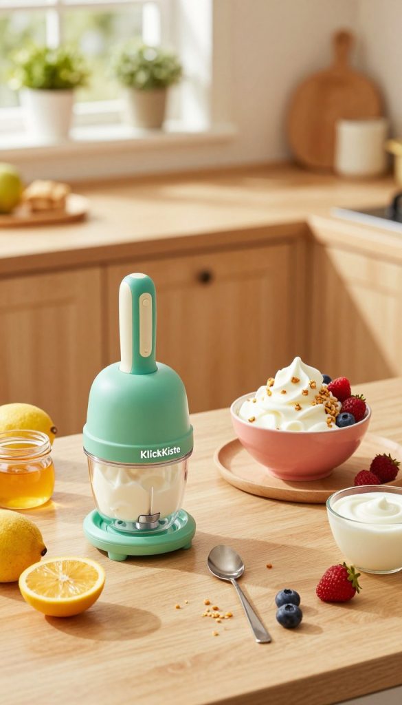 A cozy kitchen scene featuring a helpful kitchen tool set for making frozen yogurt snacks, with products from the brand "KlickKiste". In the foreground, include a colorful ice cream maker designed for children, surrounded by various natural ingredients like fruits, honey, and yogurt. In the middle ground, showcase a vibrant bowl filled with delicious, creamy frozen yogurt decorated with fresh berries and a sprinkle of granola. The background should depict a warm, inviting kitchen with soft lighting, featuring wooden cabinetry and greenery on the windowsill. Use a warm color palette to evoke a cheerful atmosphere, creating an authentic, Pinterest-worthy visual that inspires healthy snacking. The angle should be slightly above eye level, capturing both the tools and the delightful finished product. A cozy kitchen scene featuring a helpful kitchen tool set for making frozen yogurt snacks, with products from the brand "KlickKiste". In the foreground, include a colorful ice cream maker designed for children, surrounded by various natural ingredients like fruits, honey, and yogurt. In the middle ground, showcase a vibrant bowl filled with delicious, creamy frozen yogurt decorated with fresh berries and a sprinkle of granola. The background should depict a warm, inviting kitchen with soft lighting, featuring wooden cabinetry and greenery on the windowsill. Use a warm color palette to evoke a cheerful atmosphere, creating an authentic, Pinterest-worthy visual that inspires healthy snacking. The angle should be slightly above eye level, capturing both the tools and the delightful finished product.