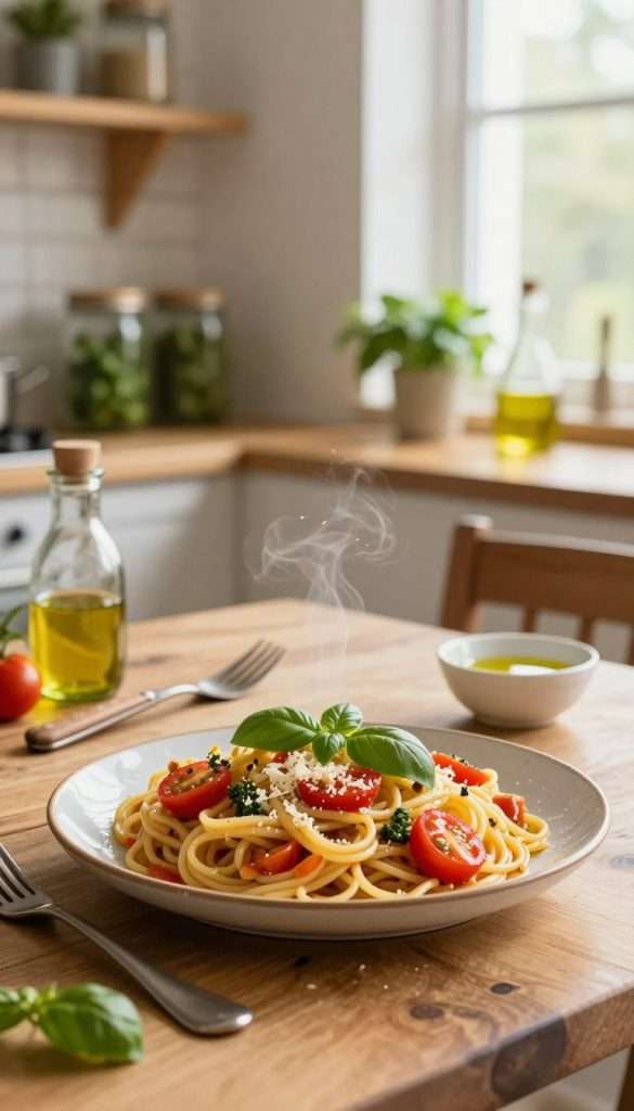 A cozy kitchen scene featuring a plate of colorful, steaming minute pasta tossed with fresh basil and cherry tomatoes. In the foreground, a wooden table holds the beautifully arranged dish, garnished with a sprinkle of grated cheese. In the middle ground, there are rustic utensils and a small bowl of olive oil, adding warmth and inviting texture. The background should include softly blurred shelves stocked with mason jars of fresh herbs and a window allowing natural light to flood the room, casting a soft glow. The atmosphere should feel warm and homey, capturing the essence of family-friendly cooking. Emphasize a natural, DIY aesthetic with warm colors, reflecting the brand "KlickKiste" through an authentic and inspiring visual narrative.