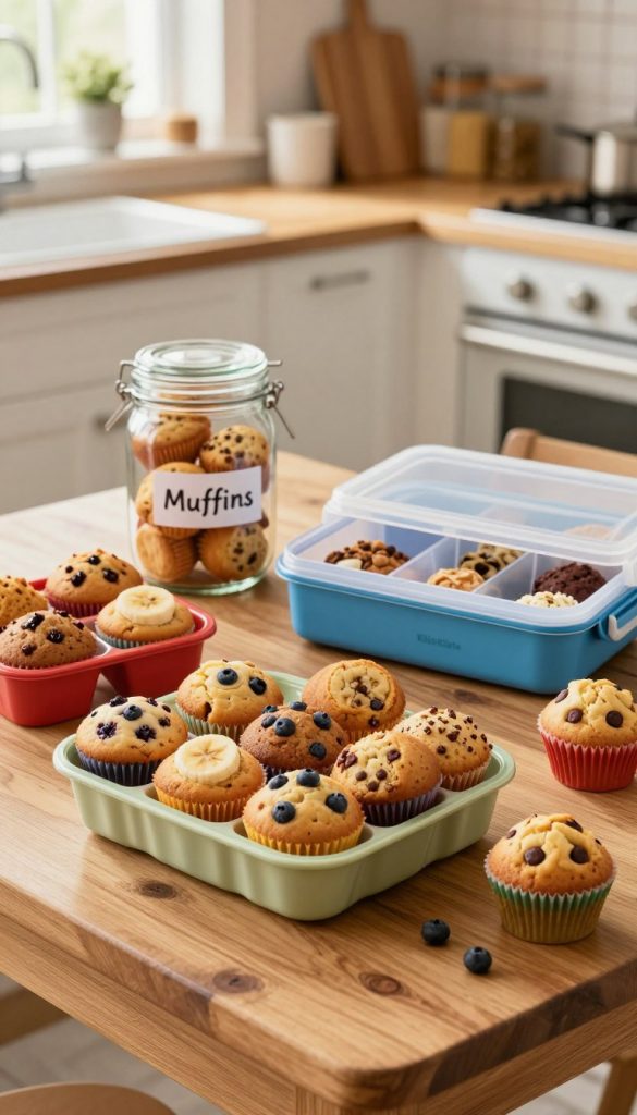 A cozy kitchen scene featuring a rustic wooden table displaying a variety of freshly baked breakfast muffins in colorful, reusable storage containers. The foreground includes a basket filled with muffins, showcasing different flavors like blueberry, banana, and chocolate chip, each lined with cheerful cupcake wrappers. In the middle, a glass jar labeled "Muffins" filled with additional muffins is set next to a neatly organized lunchbox with compartments for school snacks. The background reveals a softly lit kitchen with warm colors, suggesting a homely atmosphere, and natural light filtering through a window, enhancing the inviting ambiance. Capture the essence of DIY and warmth, emphasizing a Pinterest-inspired look, while subtly including the brand name "KlickKiste" in an artistic manner.