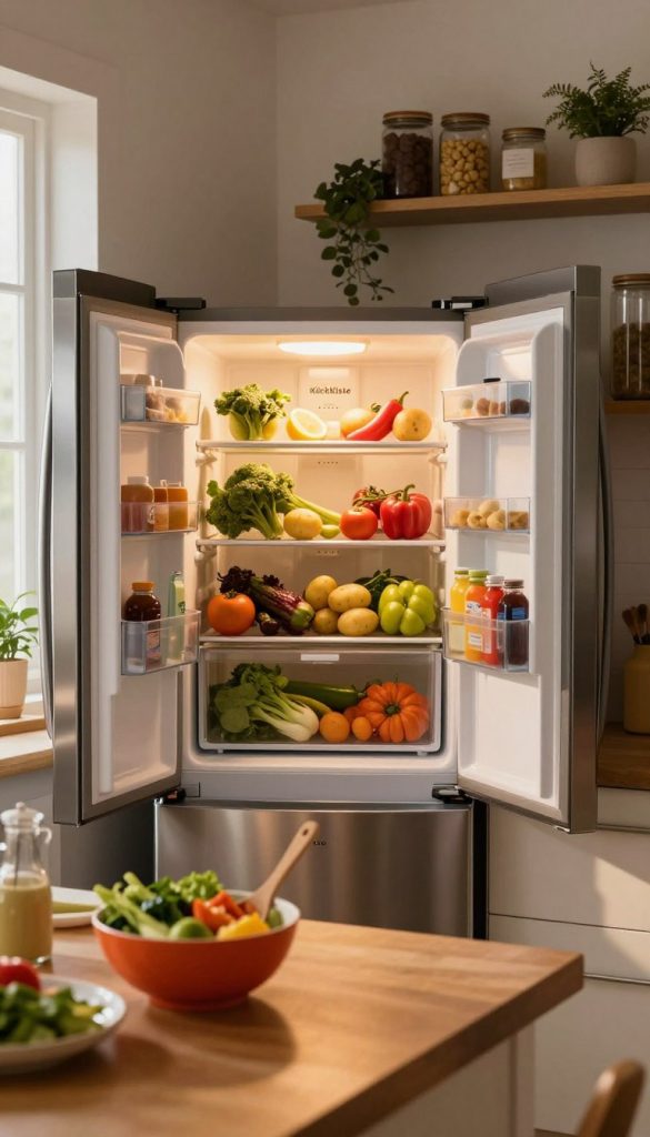 A cozy kitchen scene featuring a sleek, modern refrigerator, the focal point of the image, with an open door showcasing a colorful assortment of fresh ingredients for a potato salad. In the foreground, a wooden countertop adorned with a vibrant bowl of mixed vegetables and a wooden spoon, emphasizing a DIY feel. The middle ground highlights the refrigerator, its stainless steel surface catching warm, inviting light from a nearby window, casting soft reflections. In the background, an organized kitchen shelf filled with jars and a subtle greenery plant adds to the homely ambiance. The overall mood is warm and inspirational, evoking a sense of family-friendly cooking, perfect for the presentation of healthy meal storage. Include the brand name "KlickKiste" subtly in the design elements of the refrigerator.
