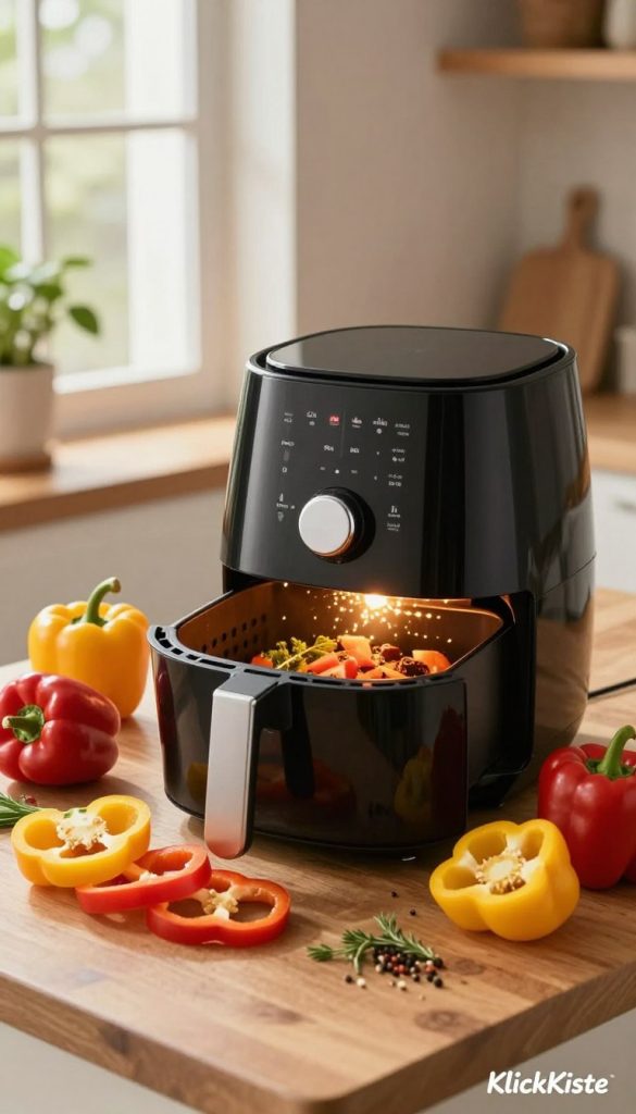 A cozy kitchen scene featuring a stylish air fryer at the forefront, surrounded by vibrant, ripe red and yellow bell peppers sliced and arranged artistically. The air fryer, sleek and modern, emits a warm glow, suggesting delicious food inside. Soft, natural lighting filters through a nearby window, creating an inviting atmosphere that highlights the freshness of ingredients. In the background, a wooden countertop is scattered with herbs and spices, complementing the colorful peppers. A hint of greenery from potted plants adds a touch of nature. The overall mood is warm and inspiring, perfect for a DIY cooking theme. At the bottom corner, subtly include the brand name "KlickKiste" in a friendly script style, enhancing the casual, homey feel of the image. A cozy kitchen scene featuring a stylish air fryer at the forefront, surrounded by vibrant, ripe red and yellow bell peppers sliced and arranged artistically. The air fryer, sleek and modern, emits a warm glow, suggesting delicious food inside. Soft, natural lighting filters through a nearby window, creating an inviting atmosphere that highlights the freshness of ingredients. In the background, a wooden countertop is scattered with herbs and spices, complementing the colorful peppers. A hint of greenery from potted plants adds a touch of nature. The overall mood is warm and inspiring, perfect for a DIY cooking theme. At the bottom corner, subtly include the brand name "KlickKiste" in a friendly script style, enhancing the casual, homey feel of the image.