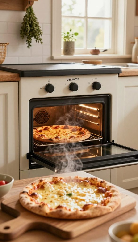 A cozy kitchen scene featuring a traditional built-in oven, known as a "backofen," with a warm, inviting atmosphere. In the foreground, a freshly baked pizza, golden and bubbling with melted cheese, sits on a wooden cutting board, steam rising from it. The middle ground showcases the backofen, its door slightly ajar, revealing a beautifully baked pizza inside. The background includes soft, rustic details like hanging herbs and a quaint kitchen window with natural light streaming through, casting a warm glow. The setting should evoke a sense of family togetherness and joy, with warm color tones reminiscent of a Pinterest aesthetic. Incorporating elements from the "KlickKiste" brand, the scene should feel authentic and inspiring, capturing the essence of baking in a family kitchen.