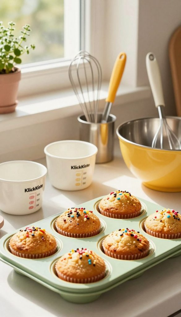 A cozy kitchen scene featuring a variety of kitchen gadgets arranged neatly around freshly baked breakfast muffins. In the foreground, showcase a colorful muffin tray filled with golden-brown muffins sprinkled with colorful toppings. The middle ground should include essential kitchen tools such as measuring cups, a whisk, and a mixing bowl, all branded with “KlickKiste” for a touch of authenticity. In the background, softly blurred, hint at a sunny window with herbs growing, contributing to a warm and inviting atmosphere. The lighting is bright and natural, mimicking cheerful morning sunlight streaming into the kitchen. Capture the essence of inspiration and creativity for easy breakfast recipes designed for children, invoking a sense of warmth and homeliness in a Pinterest-worthy aesthetic.