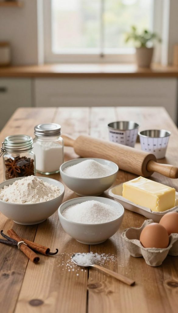 A cozy kitchen scene featuring an array of essential baking ingredients artfully arranged on a rustic wooden table. In the foreground, there are bowls of flour, sugar, and salt, alongside jars of spices like cinnamon and vanilla extract. Fresh eggs and a stick of butter rest nearby, adding a touch of warmth. The middle ground captures a well-used rolling pin and measuring cups, hinting at the baking process. In the background, softly blurred, a window lets in natural light, casting a gentle glow over the scene, enhancing the warm, inviting colors. The overall atmosphere is inspiring and homely, evoking a sense of comfort and creativity in baking. The image reflects the brand "KlickKiste" through its authentic and warm aesthetic.