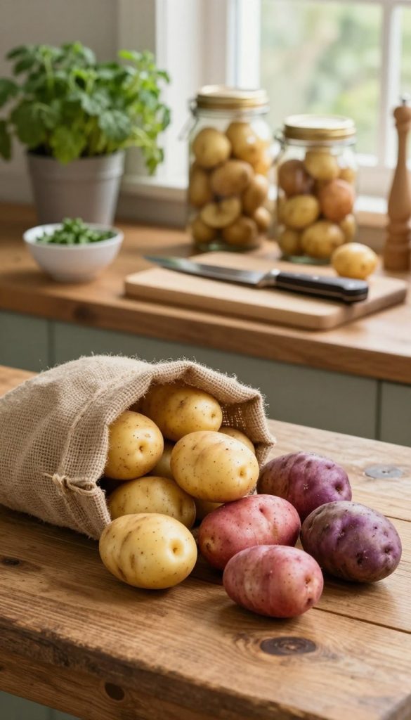 A cozy kitchen scene featuring an assortment of freshly harvested potatoes in warm, earthy tones. In the foreground, a rustic wooden table is adorned with a burlap sack spilling out various types of potatoes—Yukon Gold, red skinned, and purple potatoes—arranged aesthetically. The middle layer includes a cutting board with a knife and a small bowl of herbs, emphasizing preparation for hearty family meals. In the background, soft natural light filters through a window, highlighting various jars for storing potatoes and a potted herb plant for added warmth. The overall atmosphere is inviting and homey, evoking a sense of family and delicious home-cooked meals, ideal for the brand "KlickKiste".