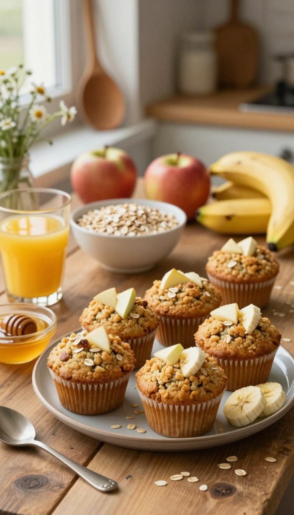 A cozy kitchen scene featuring freshly baked breakfast muffins made with oats, banana, and apple, arranged on a rustic wooden table. The muffins are golden-brown, displaying a crumbly texture and garnished with small pieces of banana and apple on top. In the foreground, a plate of muffins is accompanied by a small bowl of honey and a glass of freshly squeezed orange juice. The middle ground showcases a bowl filled with oats and a few scattered apples and bananas, emphasizing the natural ingredients. Soft, warm lighting filters through a window, creating an inviting atmosphere. The background features kitchen essentials like a wooden spoon and a small bouquet of wildflowers. The overall mood is warm and inspiring, embodying a Pinterest aesthetic. Brand name: “KlickKiste.”