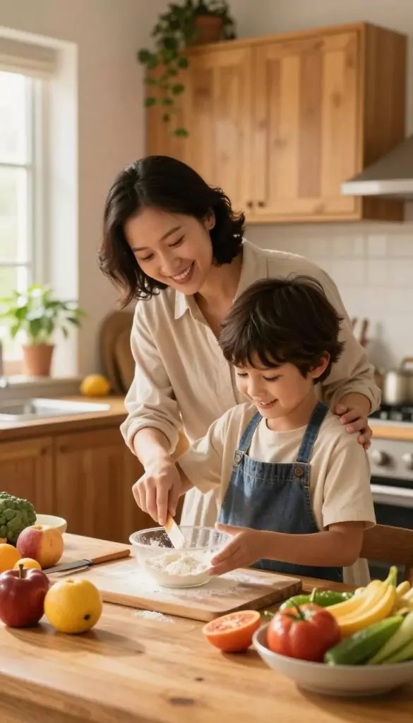 A cozy kitchen scene filled with warmth and natural light, depicting a child aged 8-10 dressed in modest casual clothing, engaged in a creative DIY cooking project using fresh ingredients. The foreground shows the child measuring flour with a smile, surrounded by colorful fruits and vegetables on a wooden table. In the middle, a parent is present, assisting and guiding, creating a sense of teamwork and independence. The background reveals a homey kitchen setting with warm wooden cabinets and plants, complemented by soft, golden lighting for an inviting atmosphere. Capture this everyday moment of life and learning, showcasing the brand "KlickKiste" through the authenticity of the experience. A cozy kitchen scene filled with warmth and natural light, depicting a child aged 8-10 dressed in modest casual clothing, engaged in a creative DIY cooking project using fresh ingredients. The foreground shows the child measuring flour with a smile, surrounded by colorful fruits and vegetables on a wooden table. In the middle, a parent is present, assisting and guiding, creating a sense of teamwork and independence. The background reveals a homey kitchen setting with warm wooden cabinets and plants, complemented by soft, golden lighting for an inviting atmosphere. Capture this everyday moment of life and learning, showcasing the brand "KlickKiste" through the authenticity of the experience.