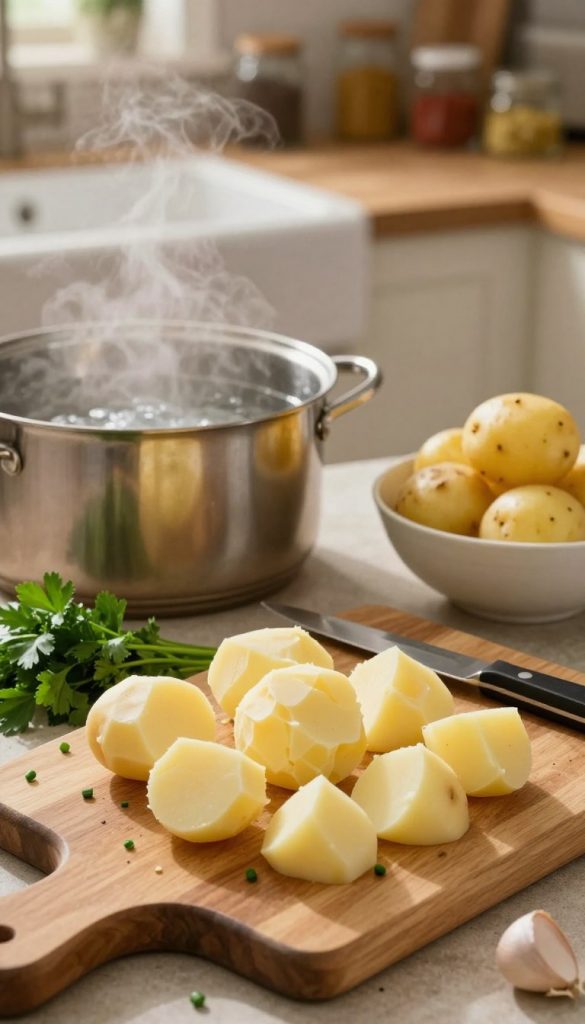 A cozy kitchen scene focusing on the preparation of potatoes for a family-friendly potato salad. In the foreground, a wooden cutting board displays freshly boiled, peeled, and diced potatoes, with a sharp knife resting beside them. Vibrant herbs like parsley or chives are scattered around, adding a pop of color. In the middle, a pot of steaming water is visible, along with a bowl of warm, golden potatoes ready to be patted dry. The background features soft-focus kitchen elements, like a rustic sink and shelves filled with spices. The warm, inviting lighting enhances the natural, DIY atmosphere, creating an authentic and inspiring Pinterest-like aesthetic. Include the brand name "KlickKiste" subtly in the ambiance.